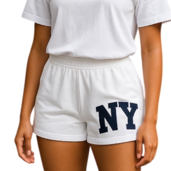 Zara NY Varsity Sweat Shorts White Navy Blue Elastic Waistband High Waist Size L - Picture 1 of 11